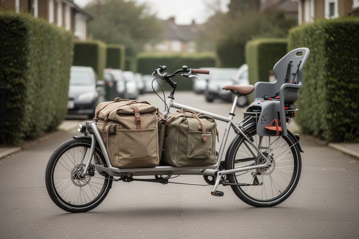 Cargo bike loaded with bags and a child seat on a residential street