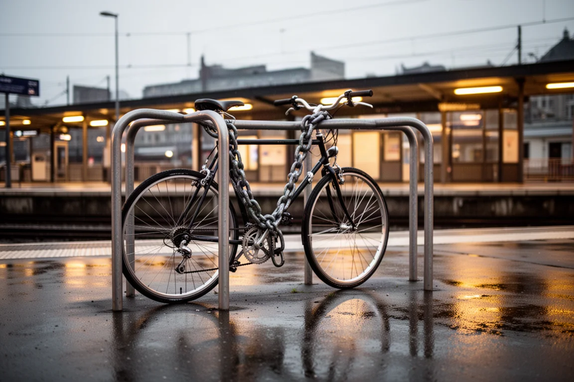 Commuter bike locked to a rack outside a station at dusk