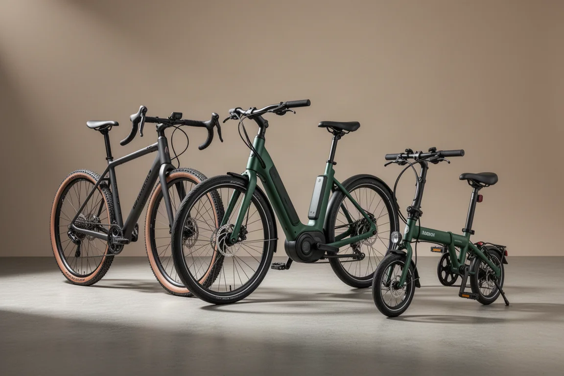 Gruscykel, elektrisk stadscykel och liten hopfällbar cykel uppradade på en betongyta