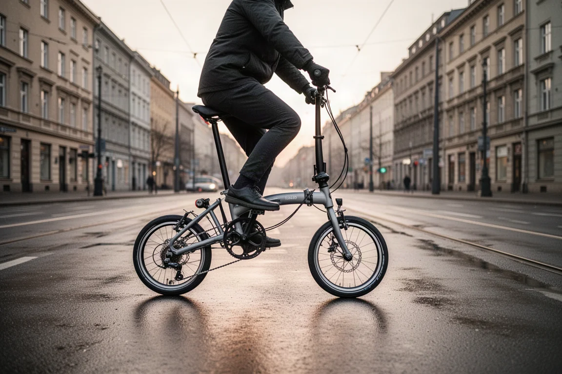Cycliste roulant sur un vélo pliant dans une rue calme de la ville à l'aube