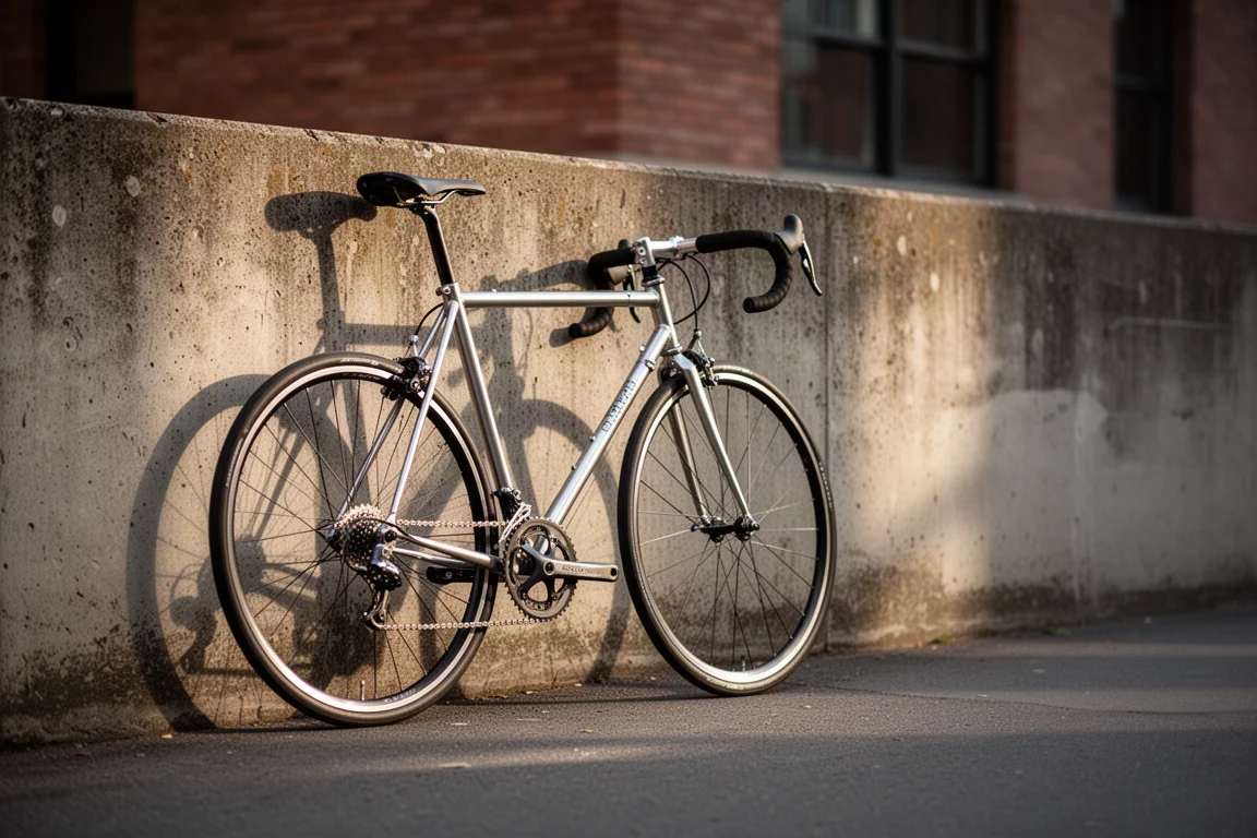 Vélo de route fin en alliage appuyé contre un mur de béton patiné