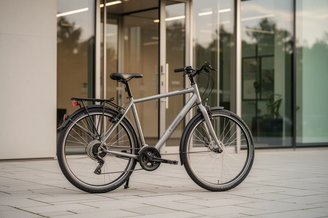 Vélo hybride de trajet avec garde-boue stationné devant l'entrée d'un bureau