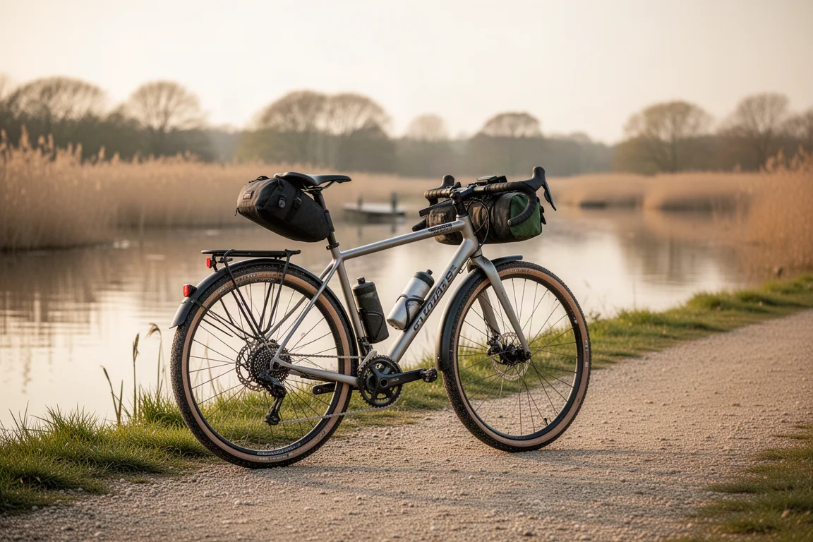 Vélo gravel équipé de garde-boue et de sacoches sur une voie en bord de mer