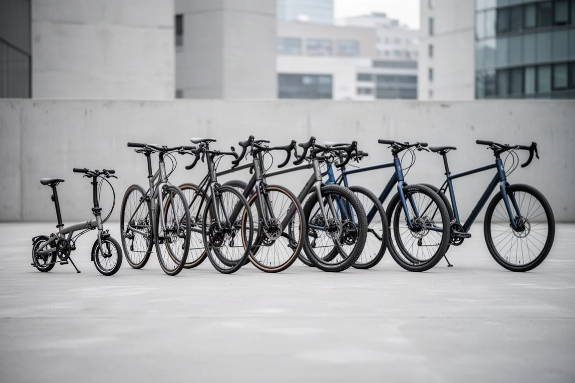 都会を背景に、灰色のコンクリート上に並んだ7台の通勤用自転車