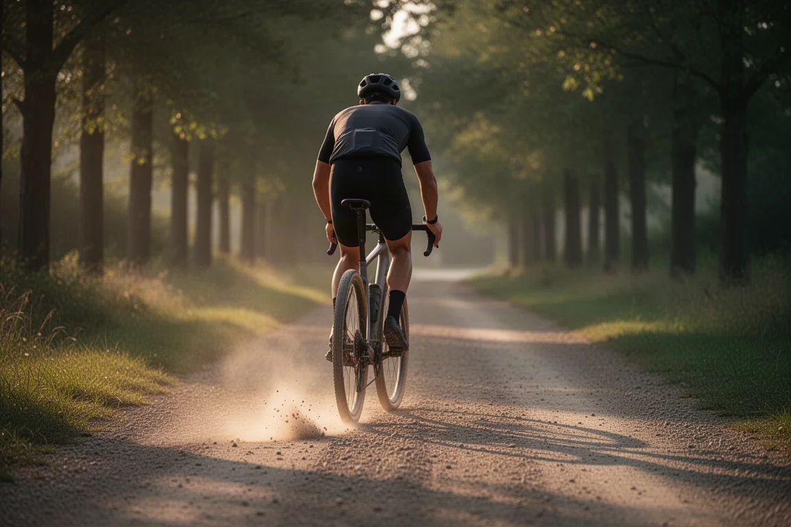 通勤者於日出時沿著寧靜的樹蔭小徑騎 gravel 單車