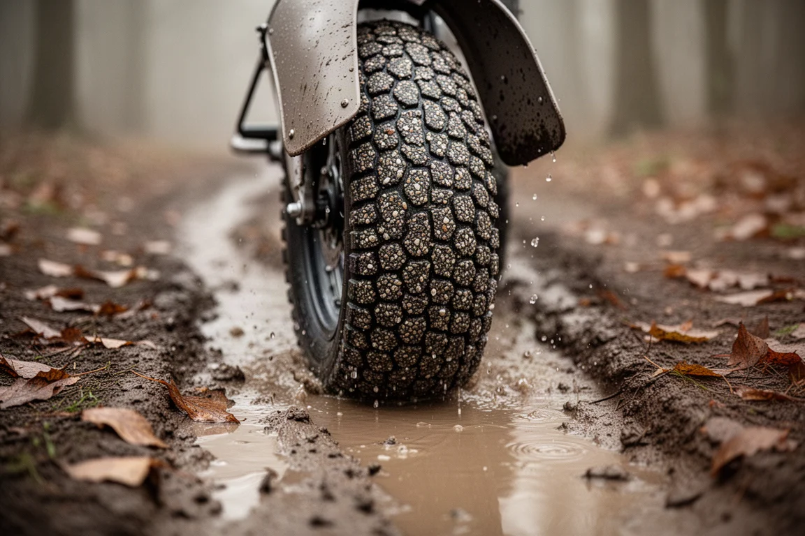 寬闊的 gravel 輪胎在林間小徑的泥濘車轍中滾動