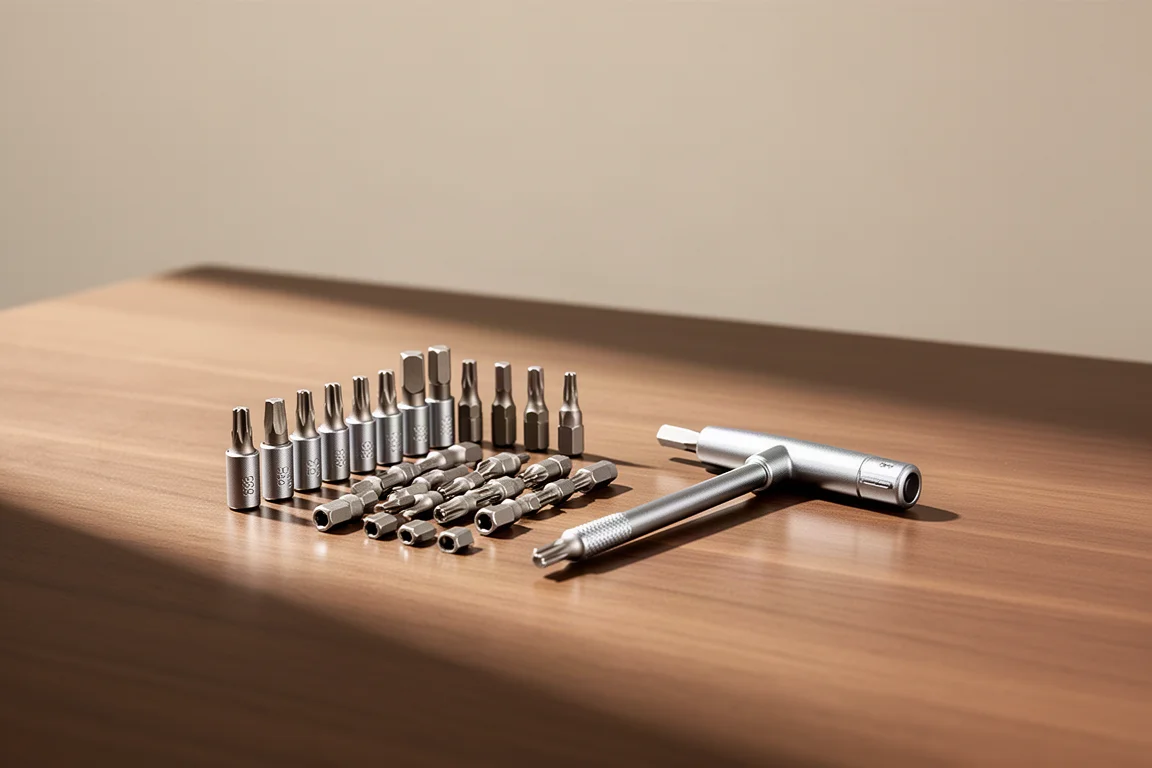 Kit compacto de puntas con puntas hexagonales y Torx dispuestas sobre una mesa de madera
