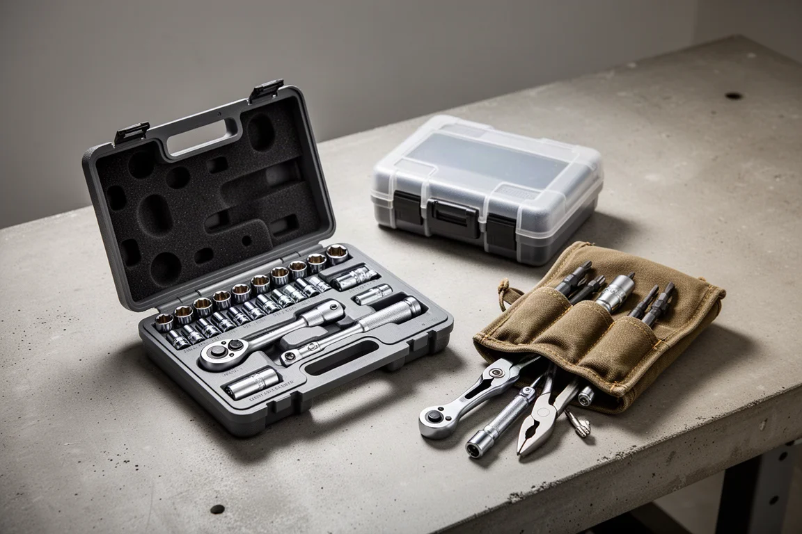 Variedade de kits de ferramentas compactos e uma pequena bolsa de ferramentas organizados sobre uma bancada