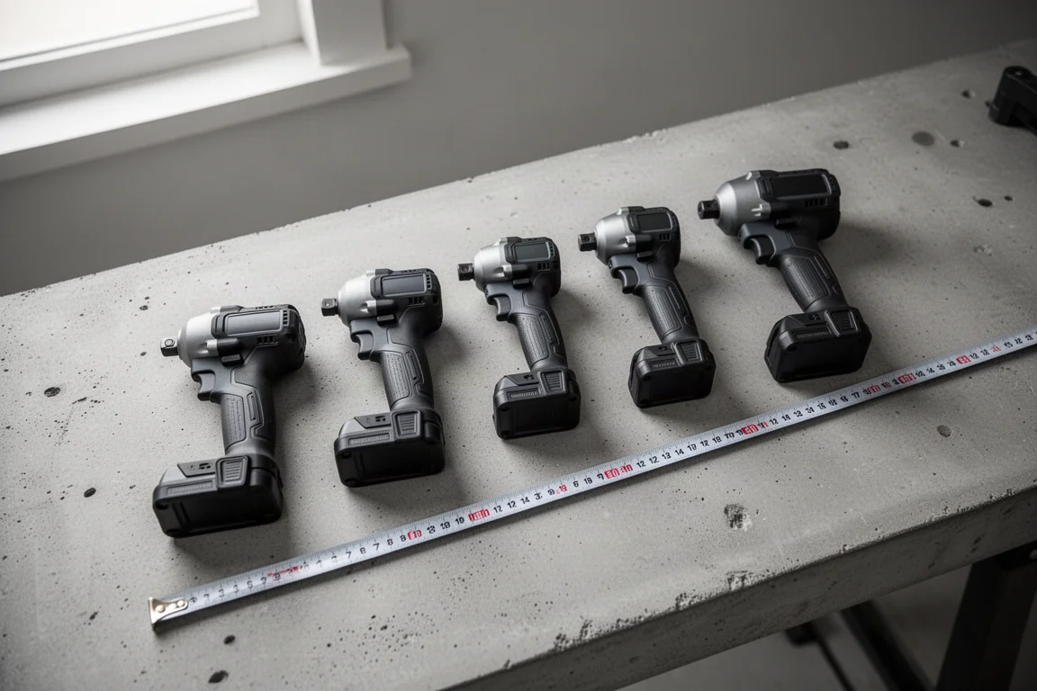 Row of compact cordless impact wrenches lined up on a workbench showing their different lengths
