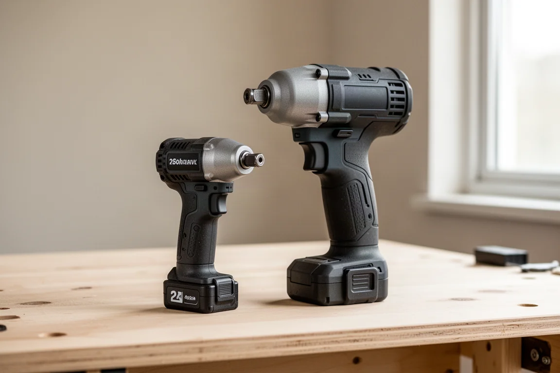 Very short micro impact wrench with a small 2Ah battery held beside a full-size compact for scale