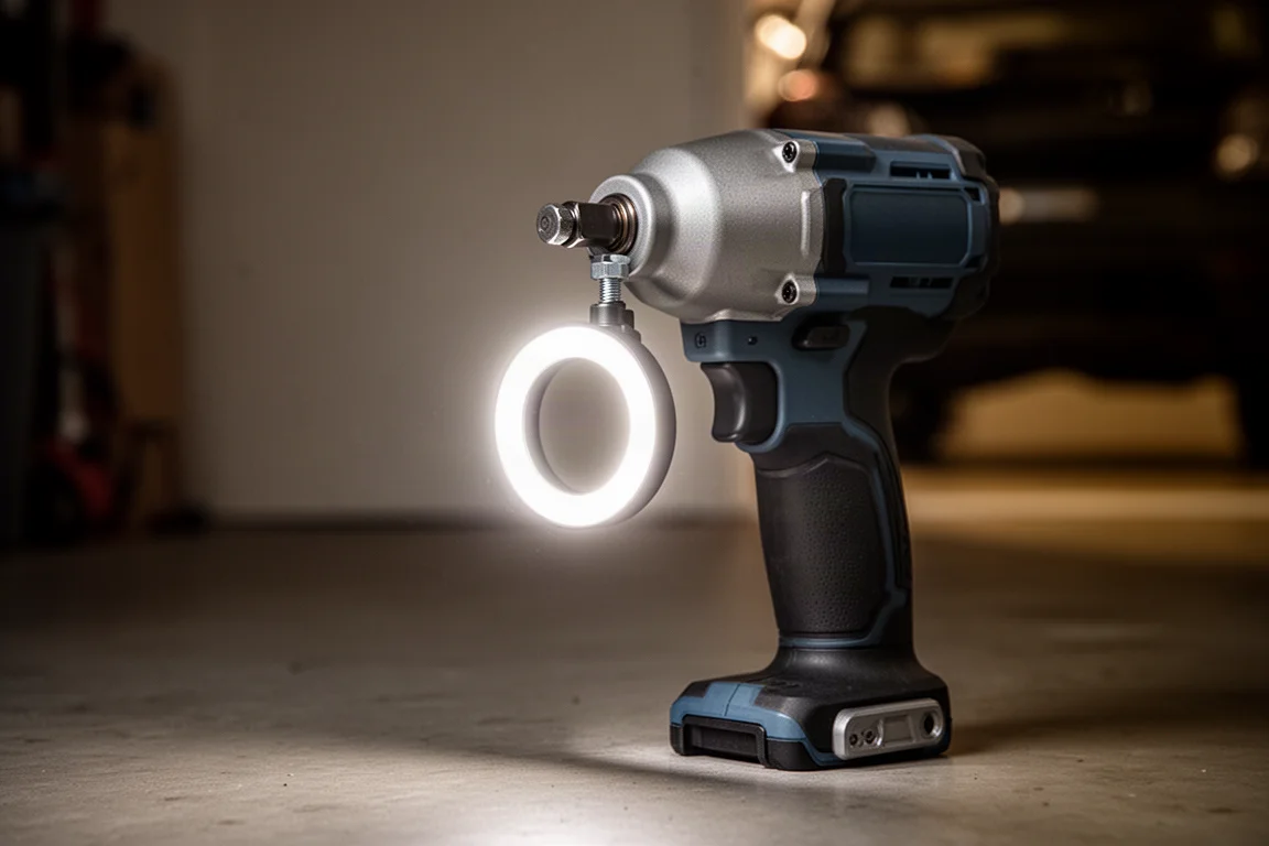 Compact impact wrench with a built-in ring light illuminating a bolt head in a dim garage