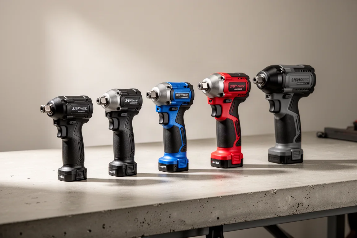 Five compact cordless impact wrenches lined up on a concrete workbench