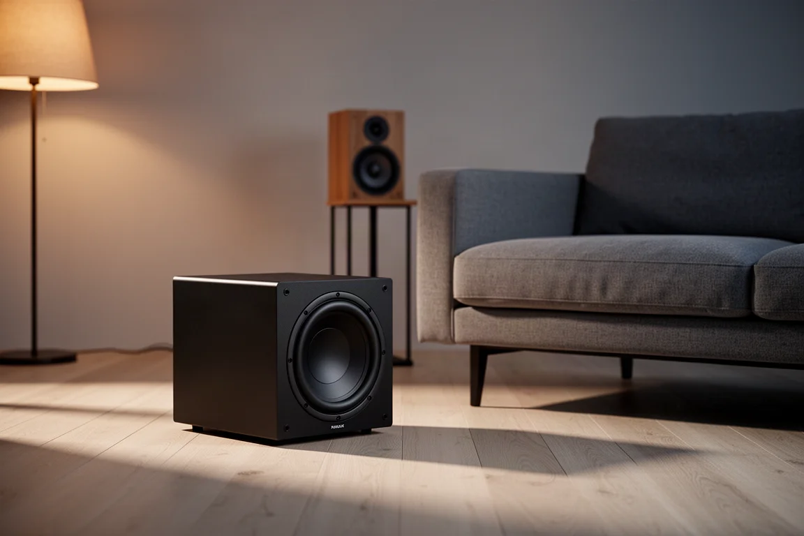 Kompaktowy subwoofer obok sofy w słabo oświetlonym salonie z małym głośnikiem półkowym