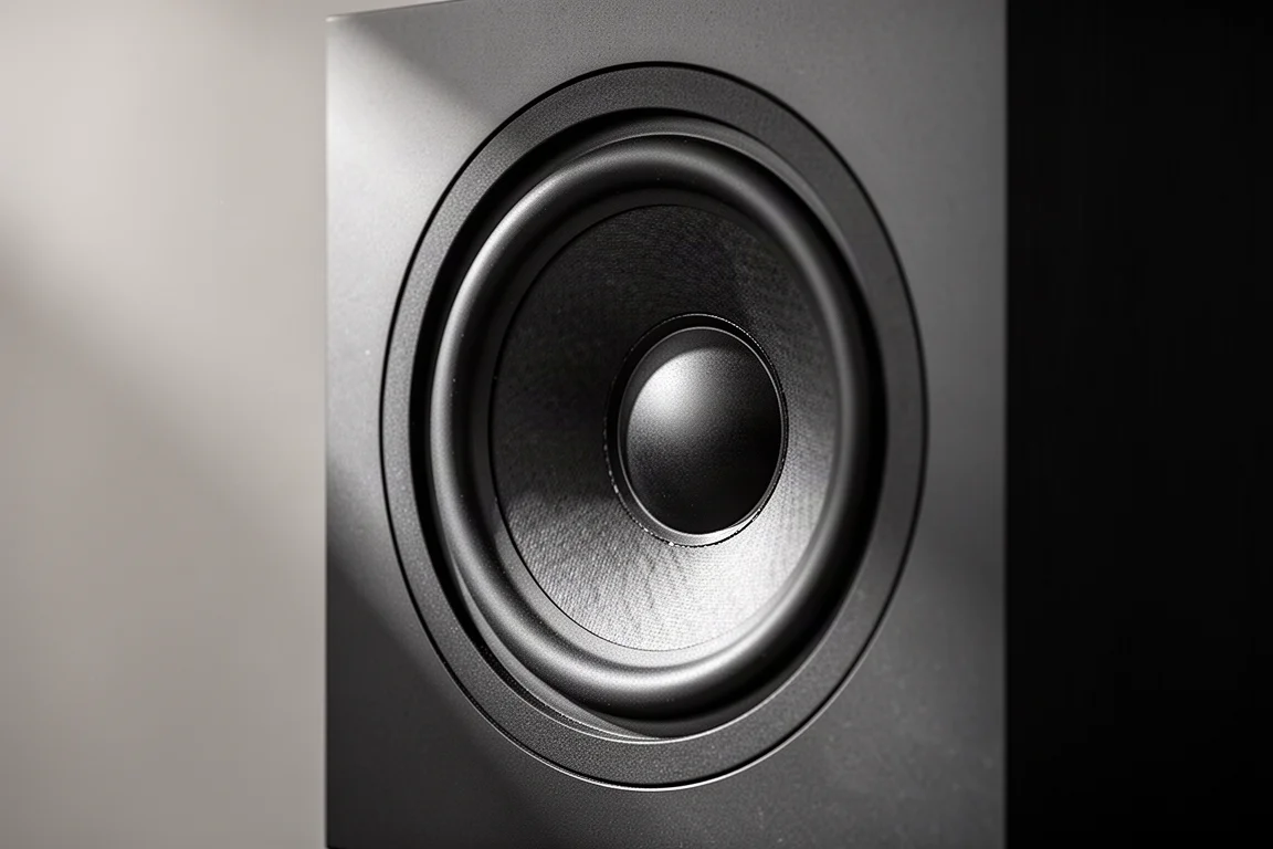 Zbliżenie czarnej membrany głośnika niskotonowego i gumowego zawieszenia w małej zamkniętej obudowie