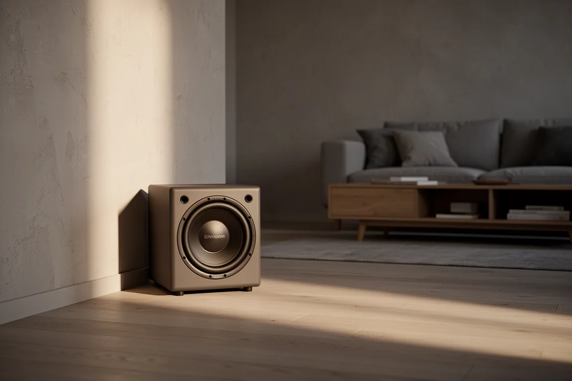 Kompaktowy subwoofer ustawiony w rogu salonu z wieczornym światłem na podłodze