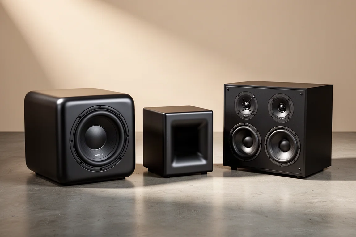Three compact black subwoofer cabinets in a row on a concrete floor