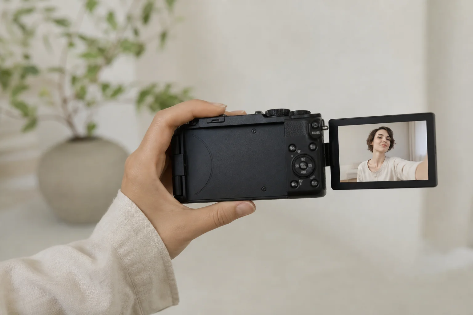 Person holding compact camera with flip screen visible for selfie composition