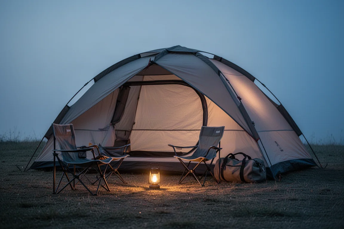 Area campeggio al crepuscolo con una tenda illuminata e due sedie basse da campeggio