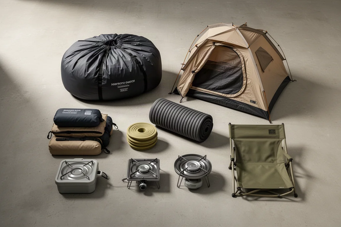 Compact family car camping gear arranged on a concrete surface