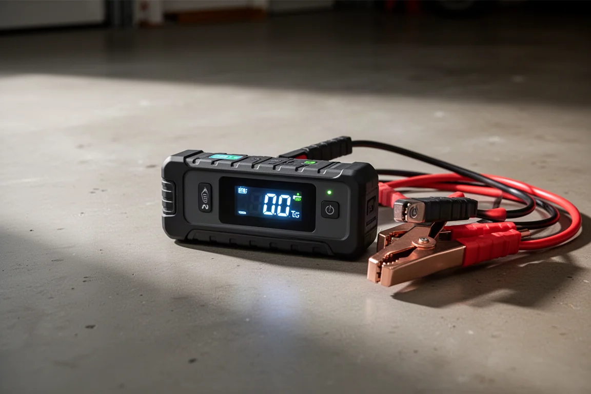 Draagbare jump starter met verlichte digitale batterijweergave naast startkabelklemmen
