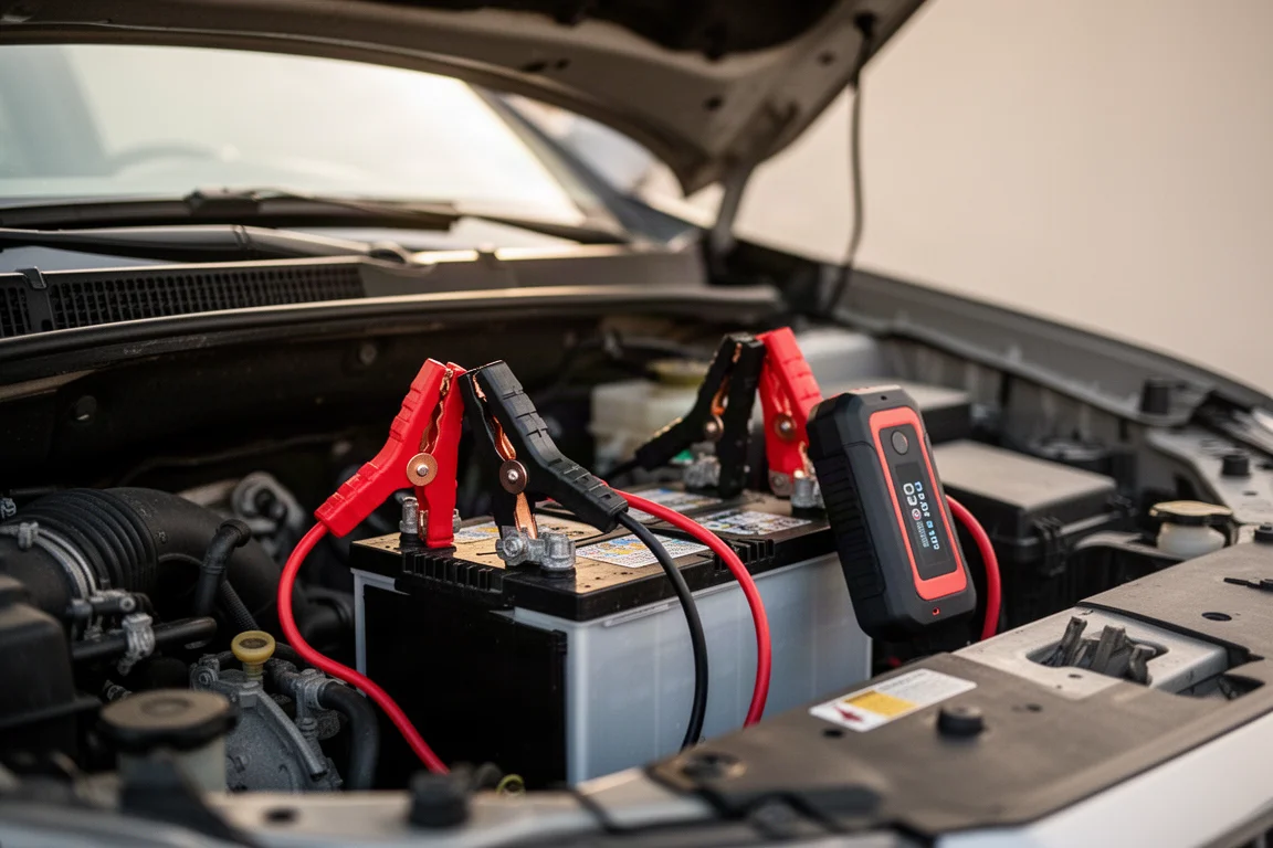 Startkabelklemmen verbonden met een autobatterij onder de motorkap