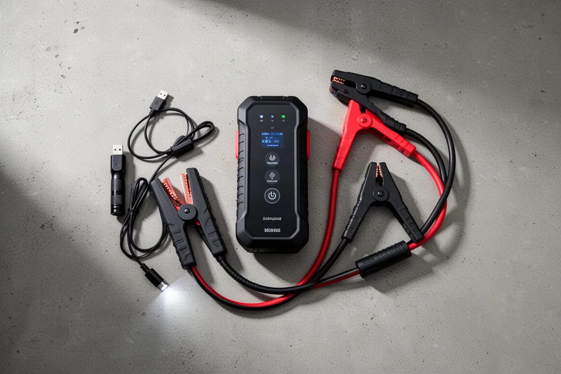 Jump starter met kabelgeleiding van bovenaf gezien op een betonnen ondergrond