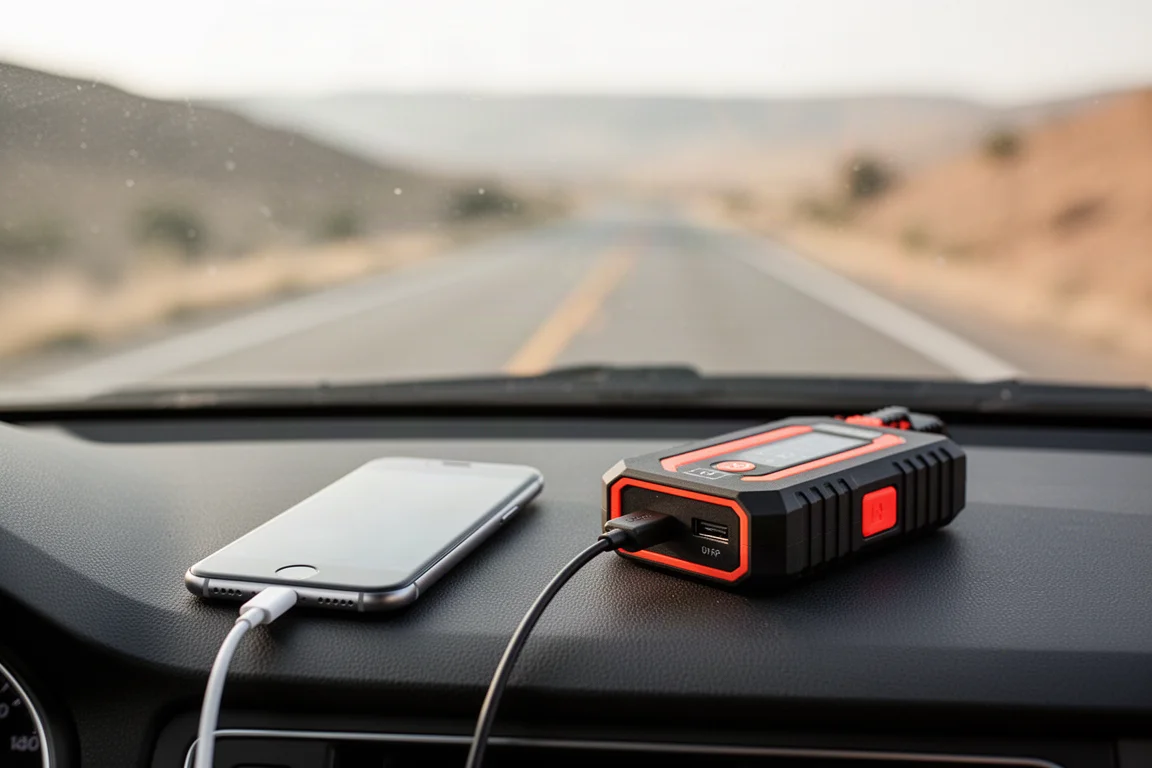 Telefoon die wordt opgeladen via een draagbare voedingseenheid op het dashboard van een auto