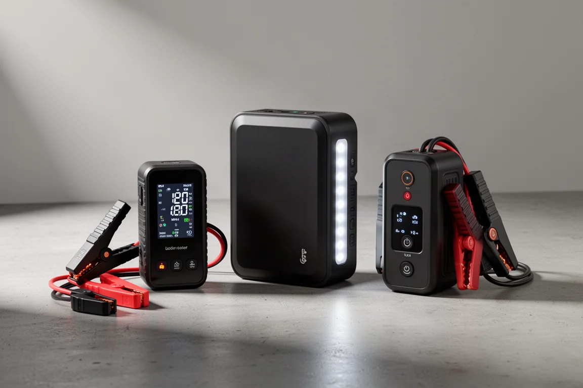 Drie compacte auto-jump starters van verschillende formaat op een betonnen ondergrond