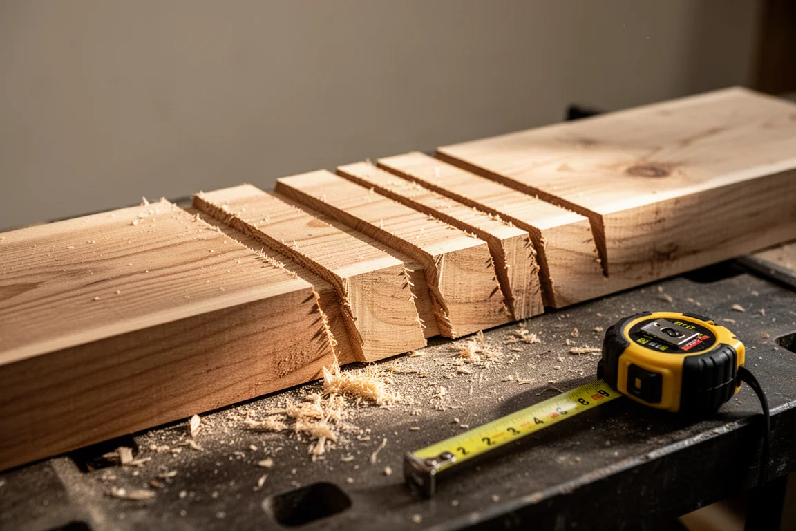 Workbench with cut lumber pieces and a measuring tape after speed testing