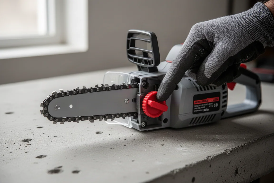Close-up of a compact chainsaw chain being tensioned on a small guide bar