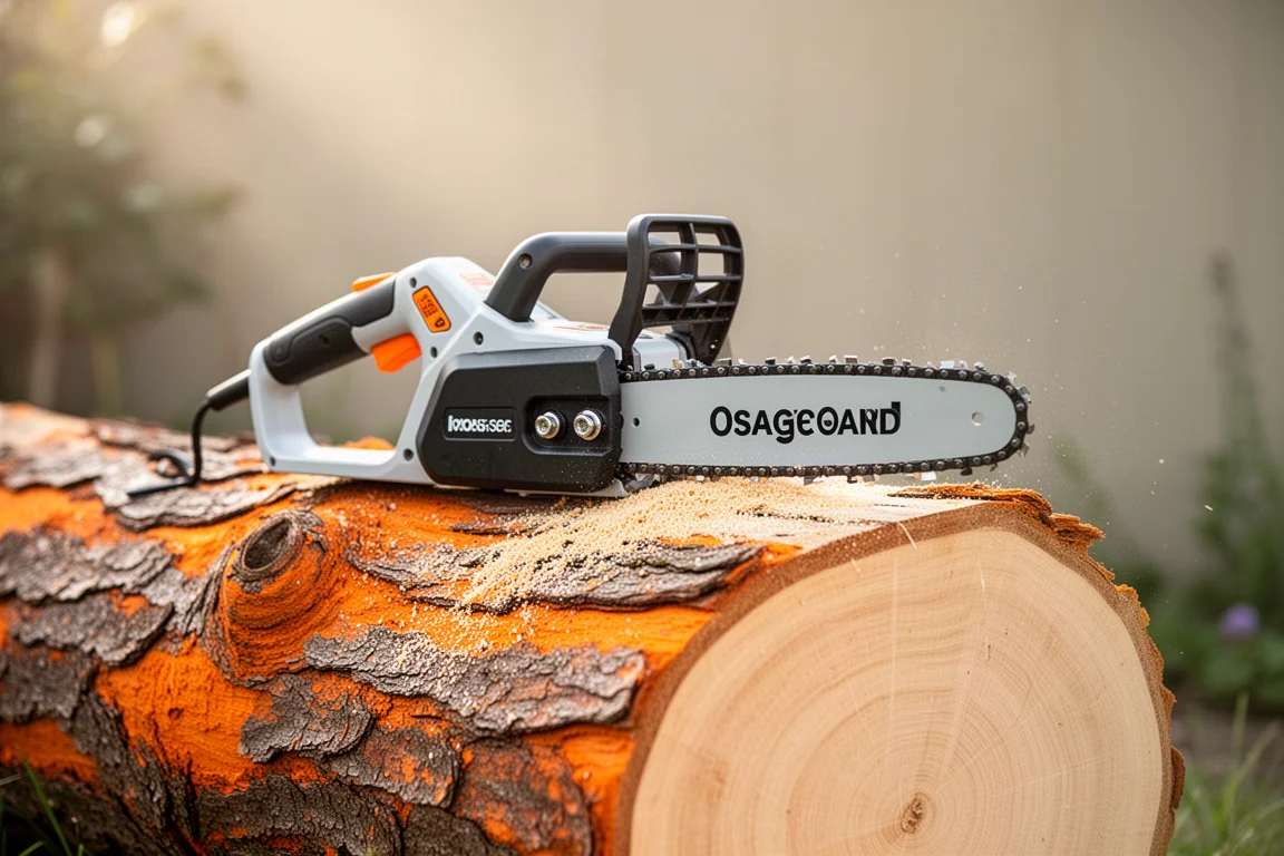 Compact chainsaw resting on a cut hardwood log with sawdust