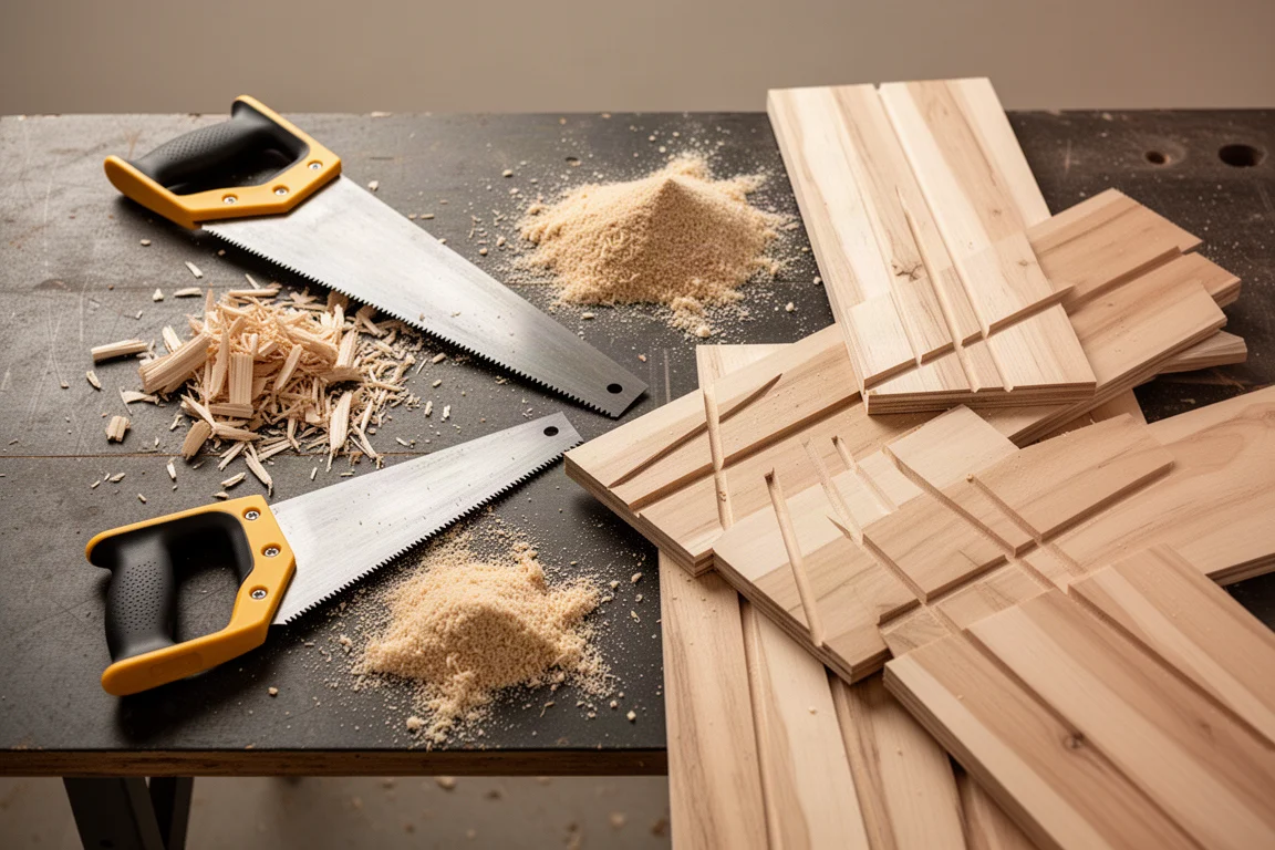 Handsaw and chainsaw cuts compared side by side on a workbench
