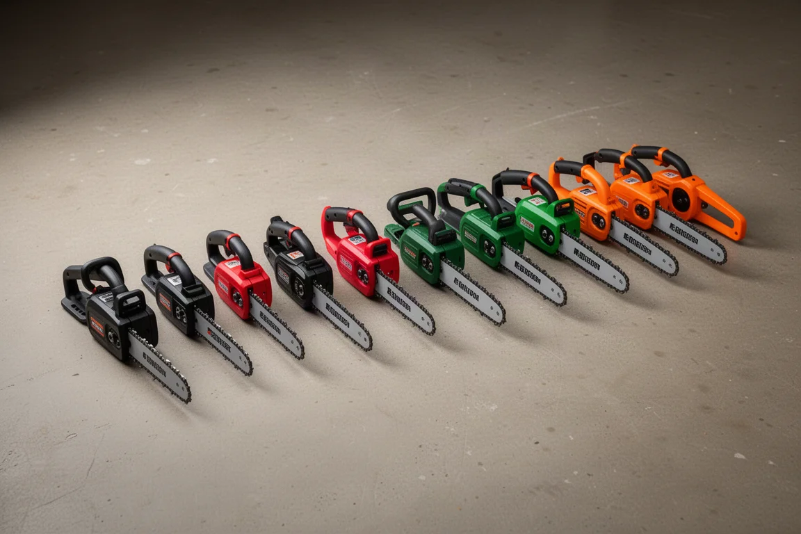 Row of thirteen compact mini chainsaws in different colors on a concrete floor