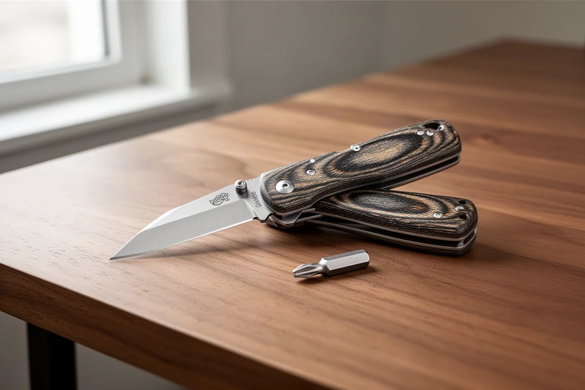Een mesblad dat door een compacte hondendaag-stijl slijpgroef wordt getrokken