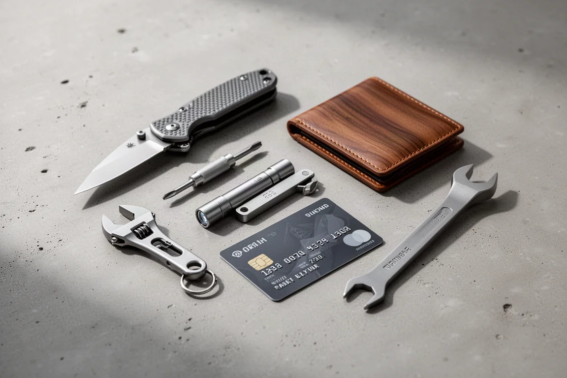 A flat-lay of compact everyday carry tools including a folding knife, screwdriver, wrench, flashlight, wallet, and pry bar