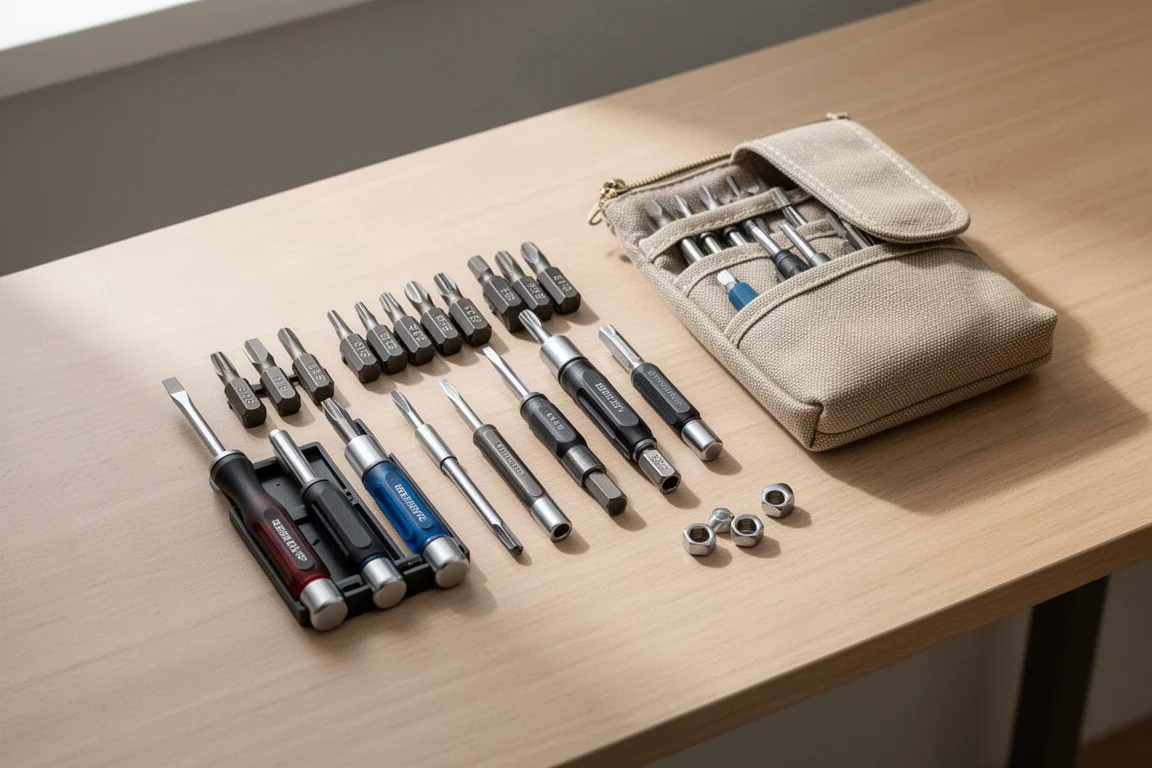 Kleine compacte schroevendraaiers op een bureau naast een multitool-tasje voor de fiets