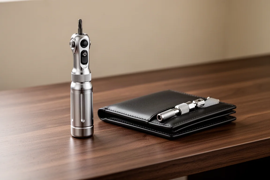 Premium korte ratchet-schroevendraaier naast een portemonnee-organizer met een compacte driver