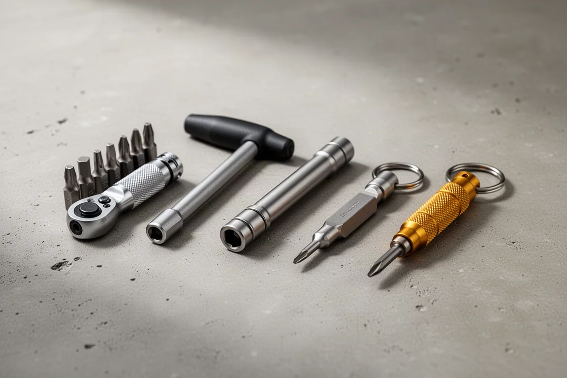 A row of compact EDC screwdrivers arranged on a concrete surface