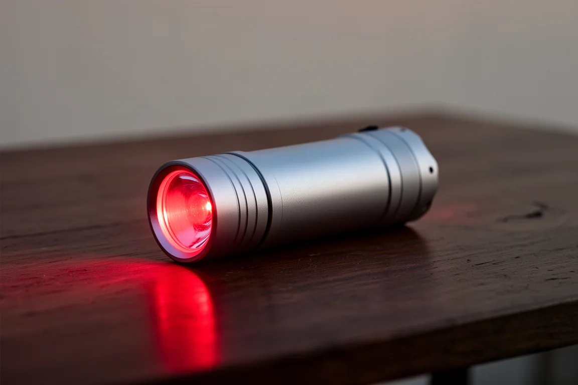 Lanterna compacta com cabeça rotativa projetando um modo de luz vermelha sobre uma mesa escura