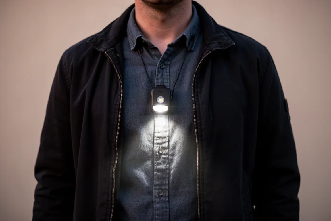 Pessoa prendendo um módulo compacto de LED em uma alça de camisa com luz fraca de fim de tarde