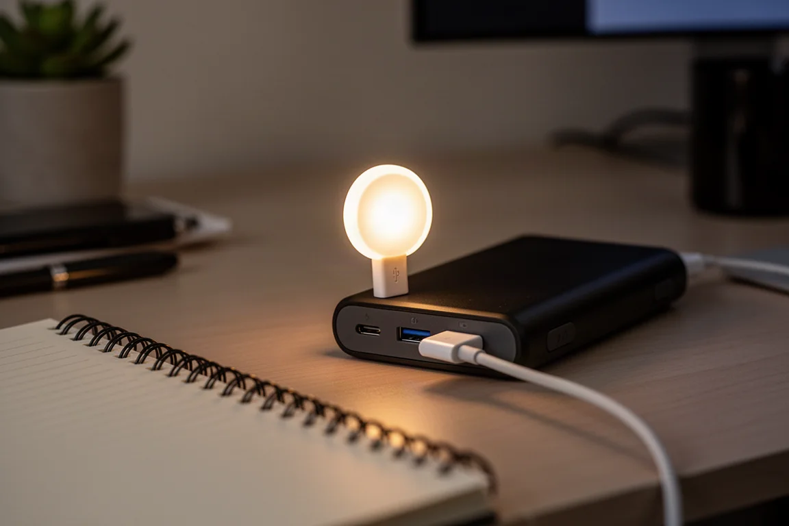 Mini luz noturna USB conectada a um power bank, brilhando suavemente sobre uma mesa