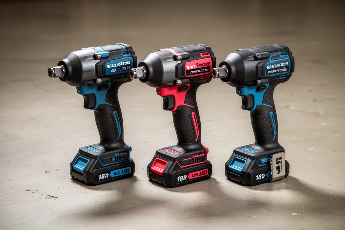 Three compact cordless half-inch impact wrenches lined up on concrete