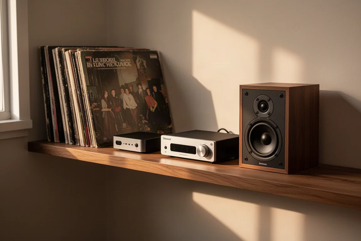 Conjunto hi-fi compacto sobre un estante estrecho de madera en un piso pequeño