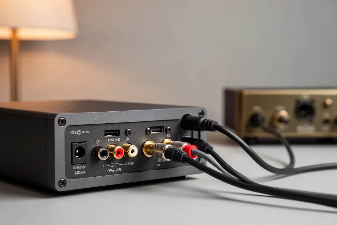 Primer plano de cables ópticos y RCA conectados a un DAC compacto de sobremesa