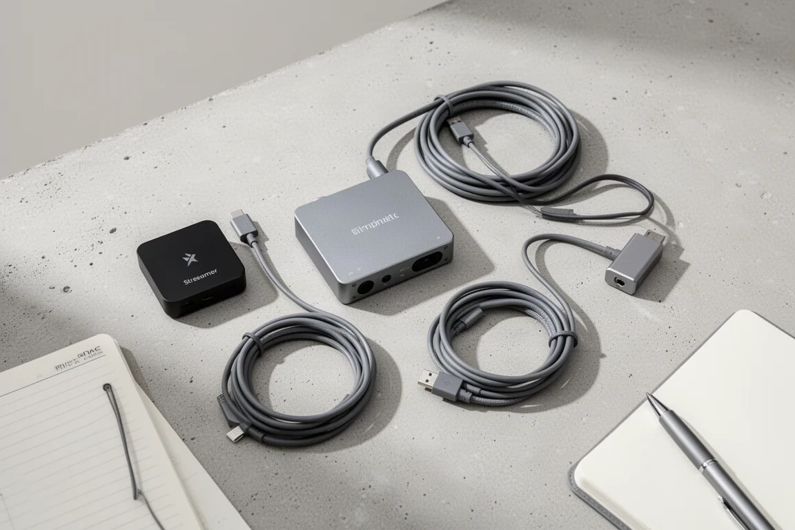 Vista cenital de componentes hi-fi compactos y cables sobre una superficie de hormigón