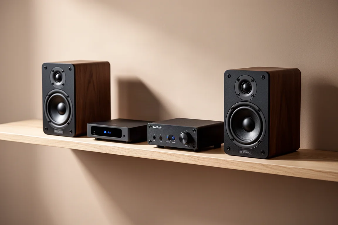 Compact hi-fi streamer, amplifier and bookshelf speakers on an oak shelf