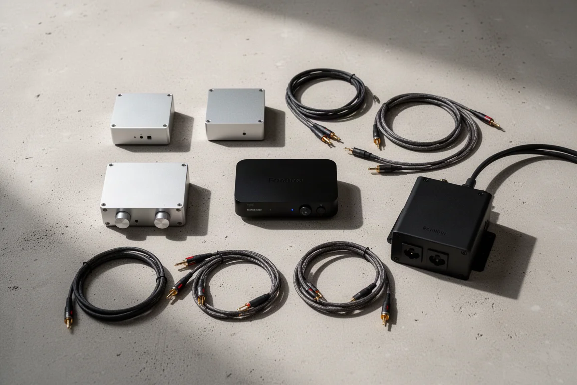 小型 Hi-Fi 組件、電源供應器與線材的俯拍平鋪圖