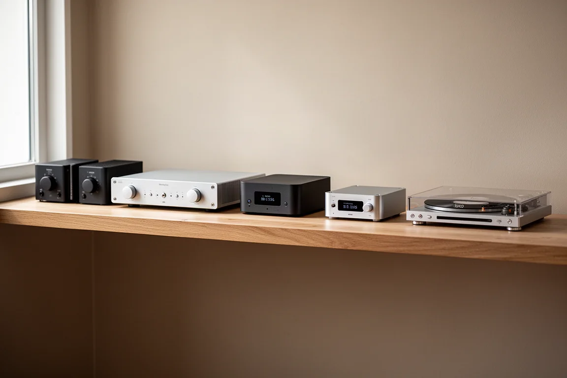 Five compact hi-fi components arranged in a row on a single wooden shelf