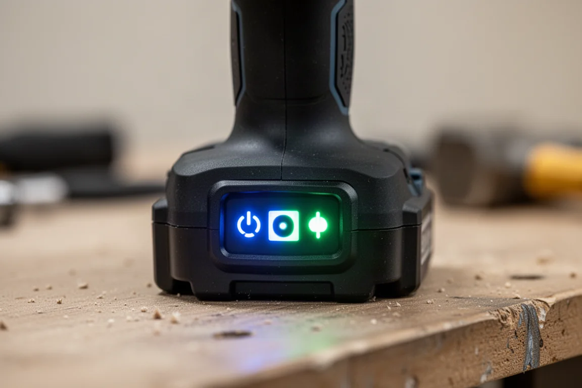 Close-up of an impact driver's illuminated mode selection panel glowing in a workshop