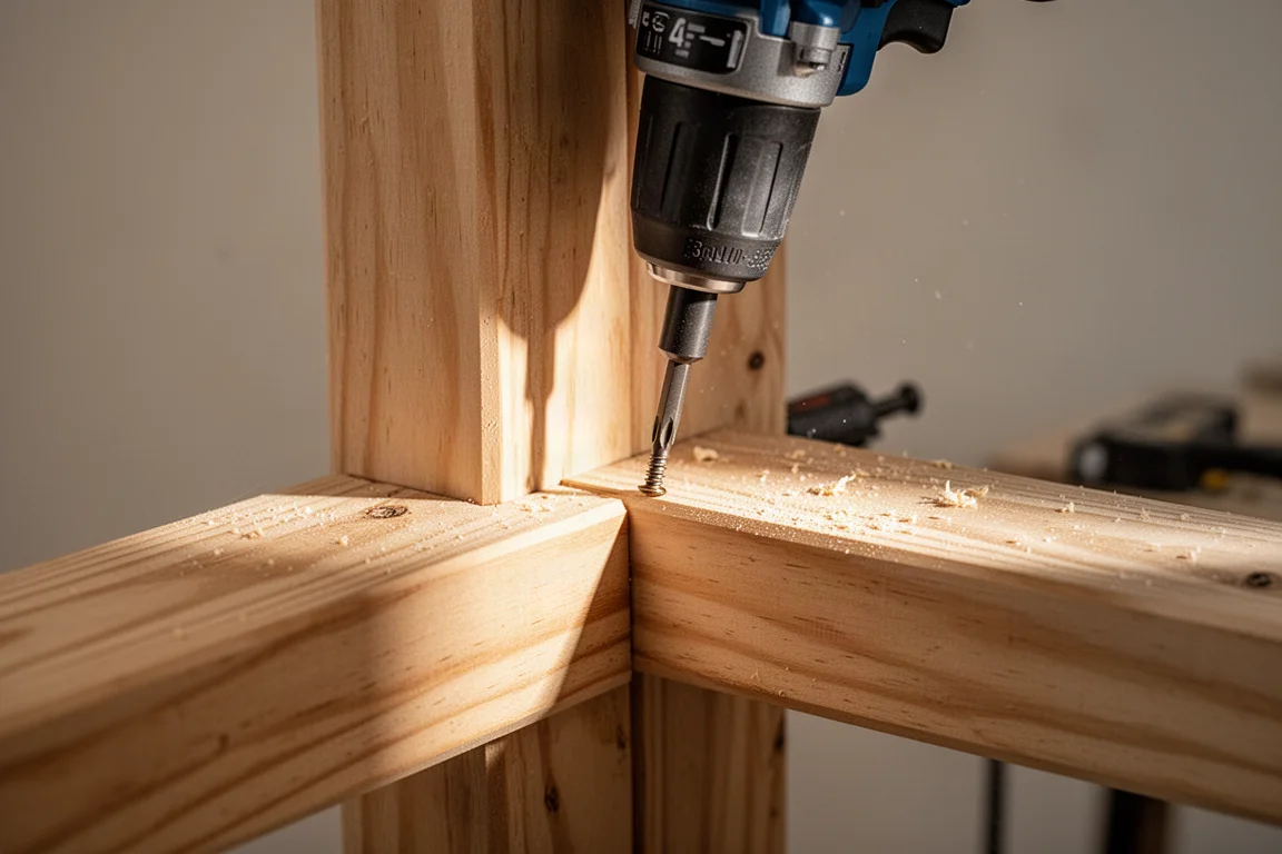 Impact driver driving a screw into a tight corner between framing boards